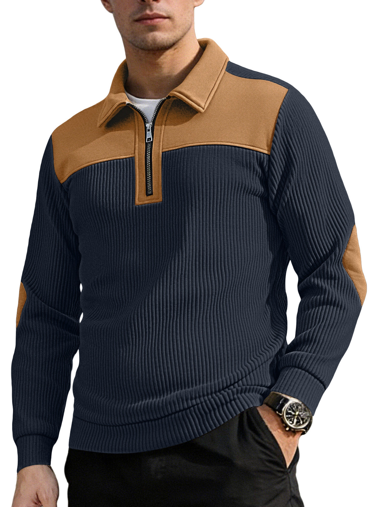 AZUKI men's navy and tan quarter-zip knit pullover, front view