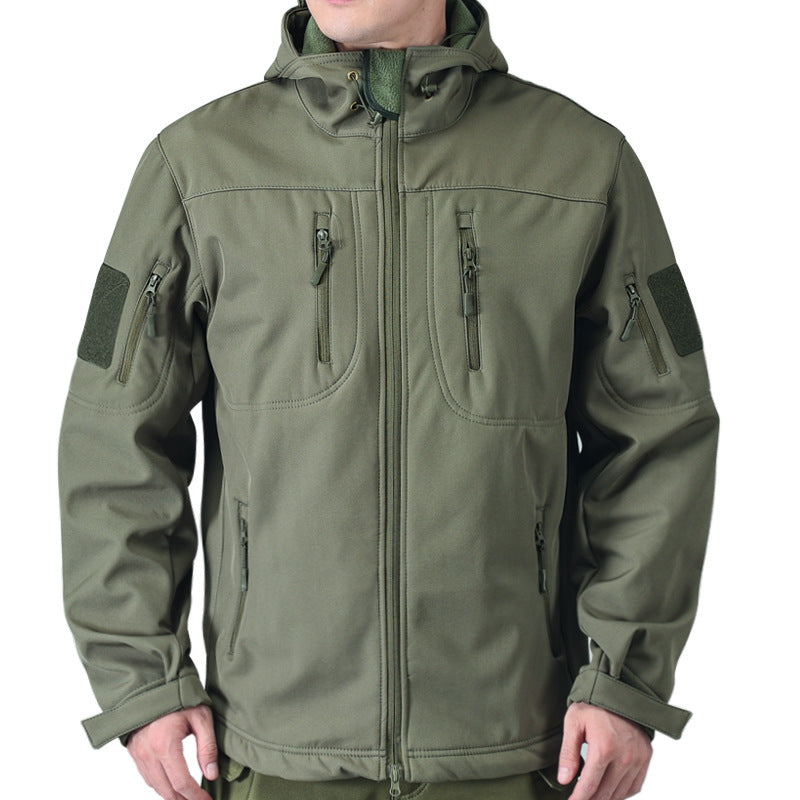 AZUKI olive green hooded tactical softshell jacket on an adult model, front view