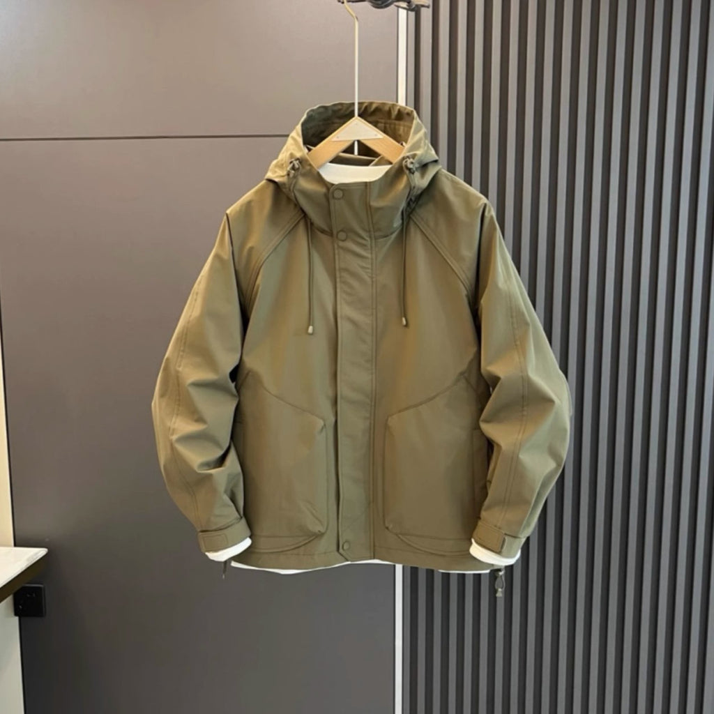 AZUKI Olive Green hooded casual jacket, front view on hanger