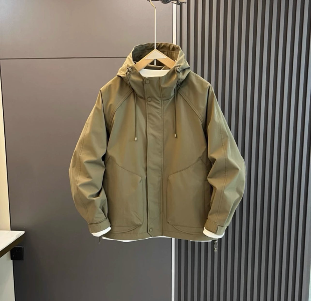 AZUKI Olive Green hooded casual jacket with covered placket and cuff tabs