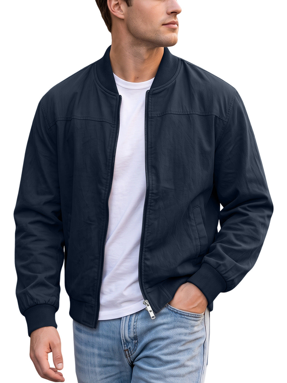 AZUKI men's navy bomber jacket on an adult model