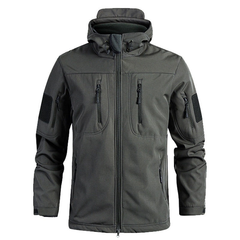 AZUKI charcoal gray hooded tactical softshell jacket, front product view