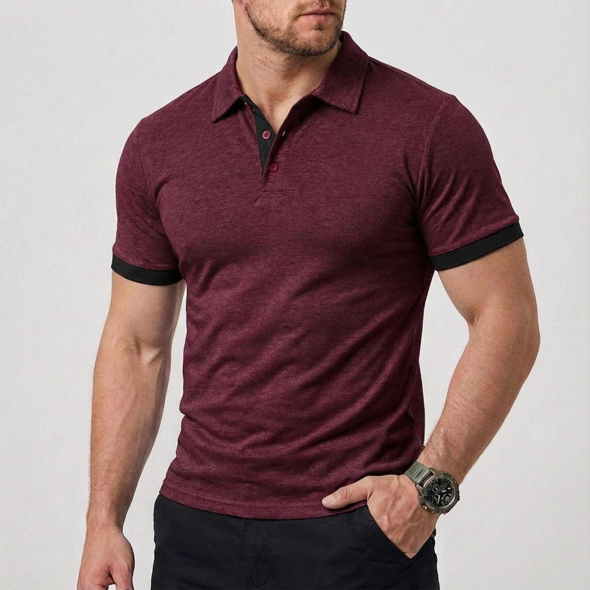 AZUKI Men's Heathered Polo Shirt with Contrast Cuffs - PDD-SDPL03-Red
