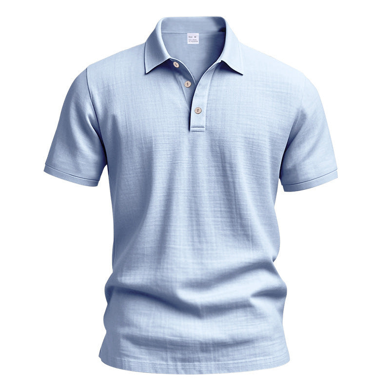 AZUKI light blue linen-blend short sleeve polo, product front view