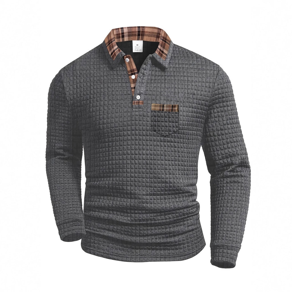 AZUKI Men's Waffle-Textured Plaid-Trim Long-Sleeve Polo product photo