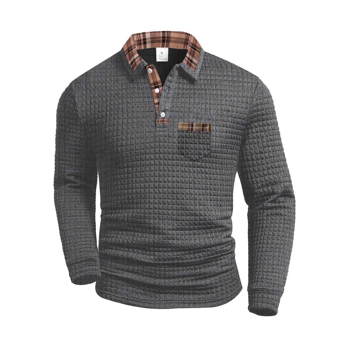 AZUKI Men's Waffle-Textured Plaid-Trim Long-Sleeve Polo product photo