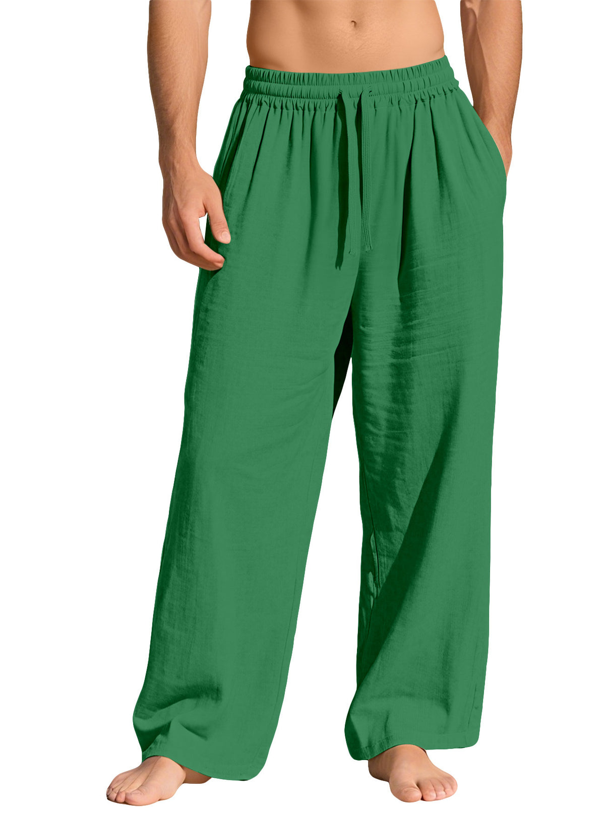 Emerald green linen-blend relaxed straight-leg drawstring pants, front garment view
