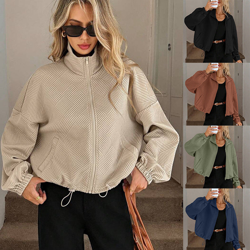 AZUKI Women's Textured Stand-Collar Zip Jacket with Drawstring Hem product photo
