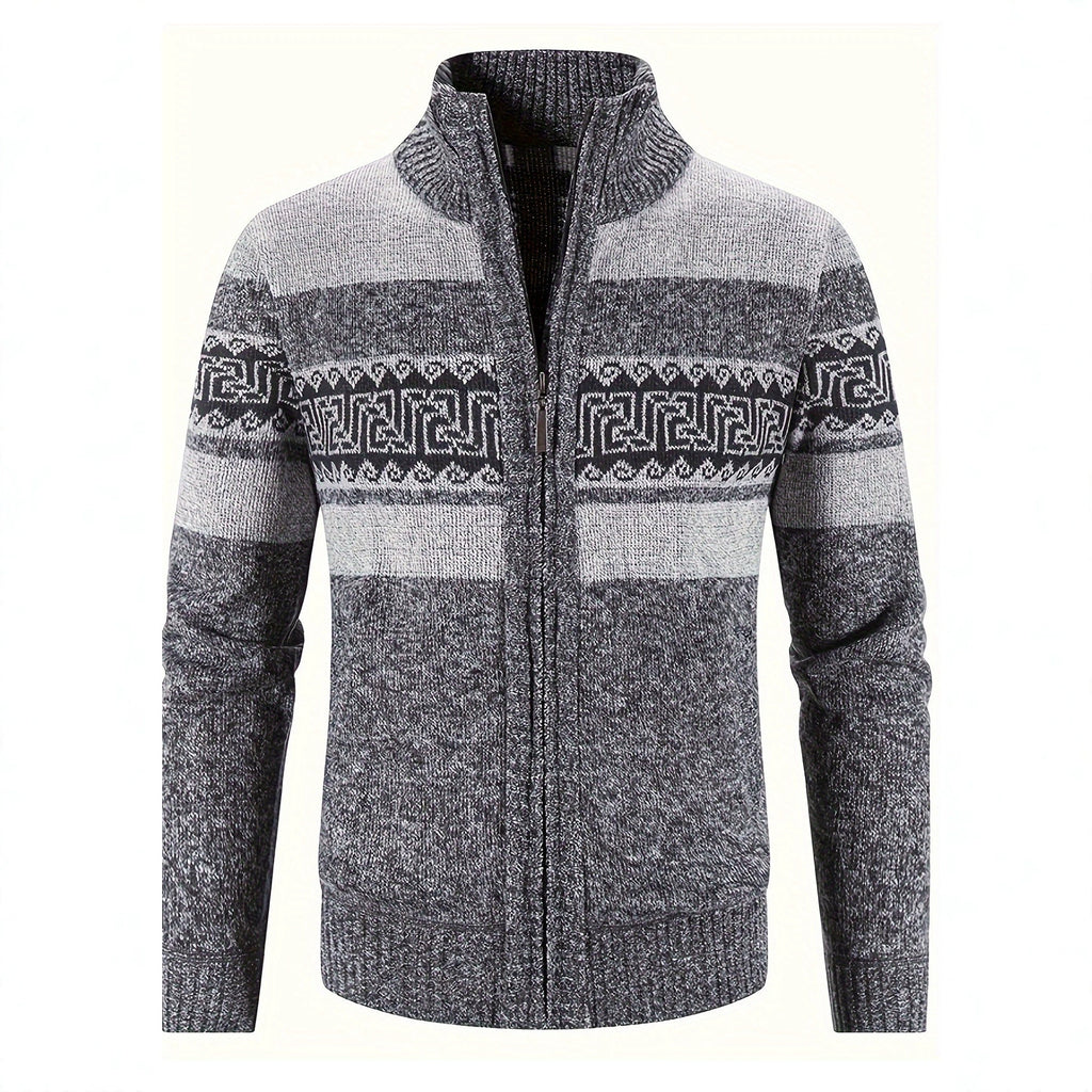 Dark Gray geometric zip-up cardigan, full front product view