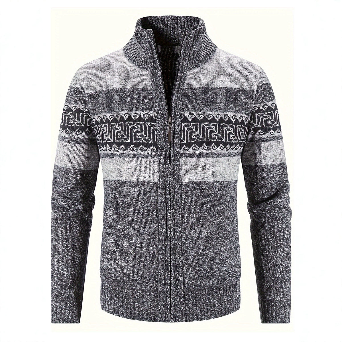 Dark Gray geometric zip-up cardigan, full front product view