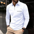 White long-sleeve quarter-zip polo on a male model, with a contrast-trim chest pocket