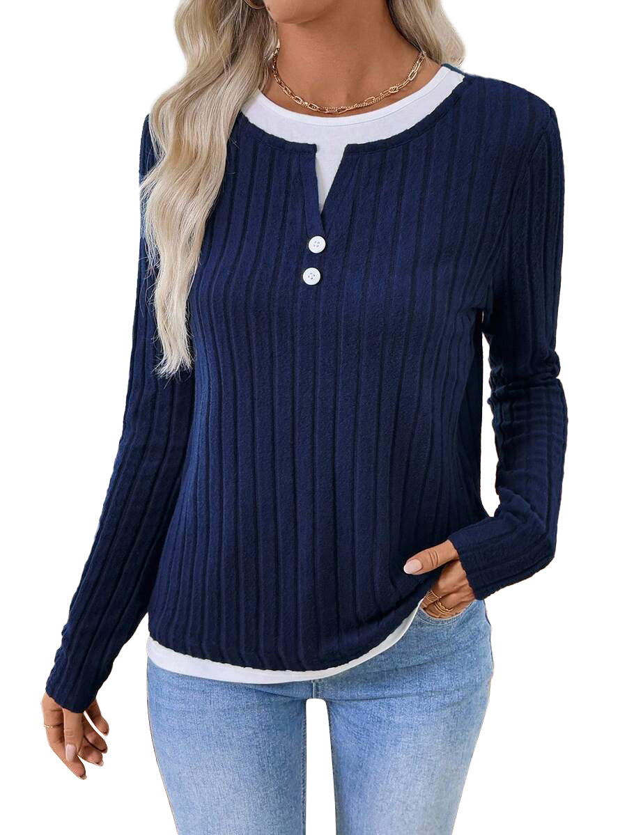 AZUKI Women's Ribbed Layered-Look Long-Sleeve Button Top - Navy product photo