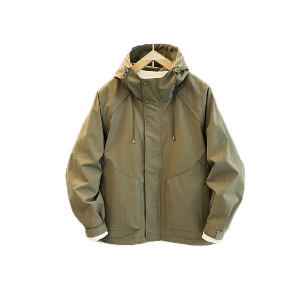 AZUKI Olive Green hooded casual jacket, isolated front view