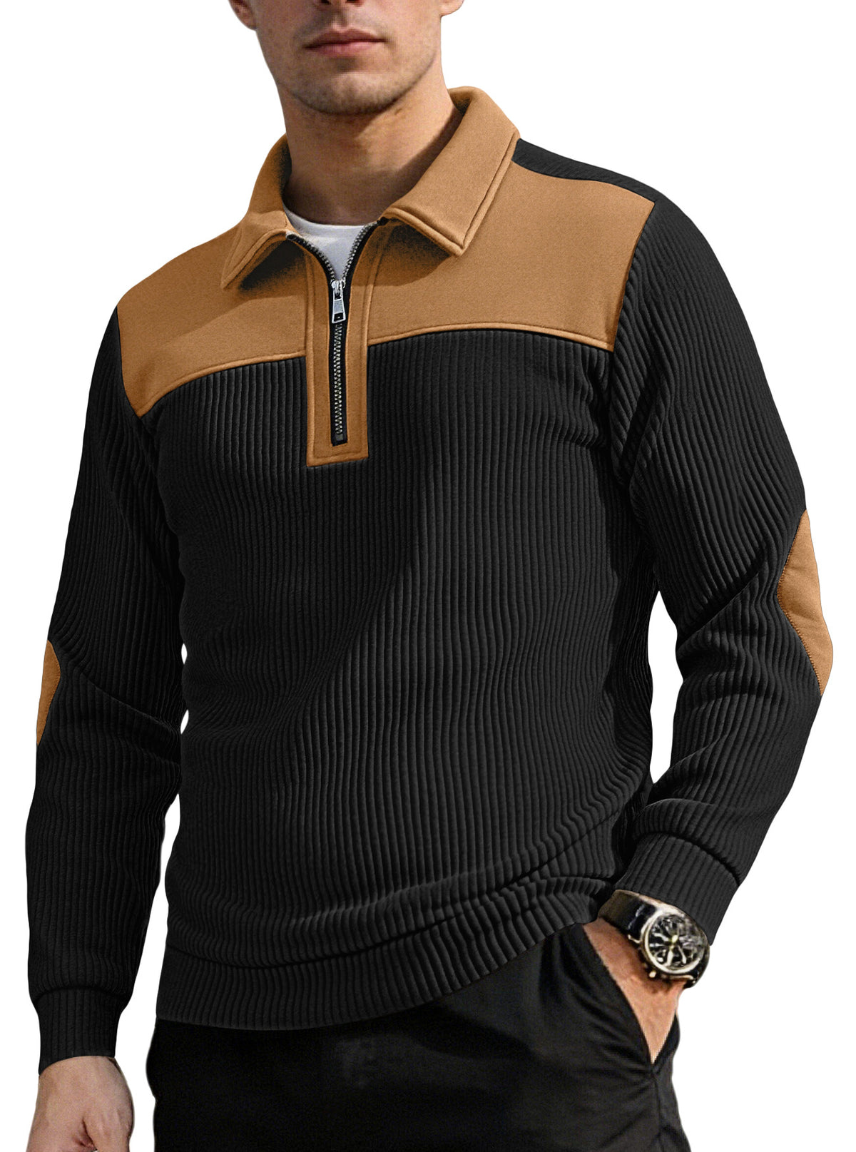 AZUKI men's black and tan quarter-zip knit pullover, front view