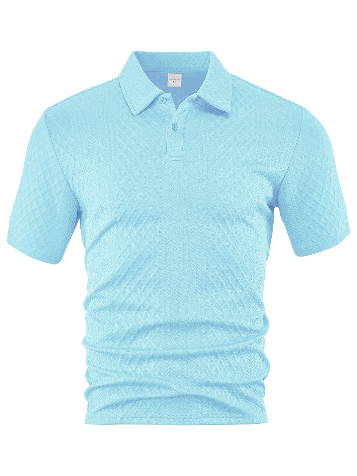 Light blue geometric jacquard two-button polo shirt, front product view