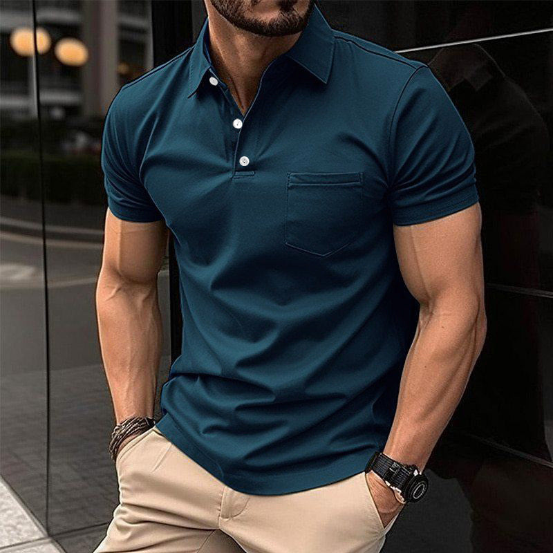 AZUKI Men's Short Sleeve Button-Placket Pocket Polo Shirt - DXP-4-Blue