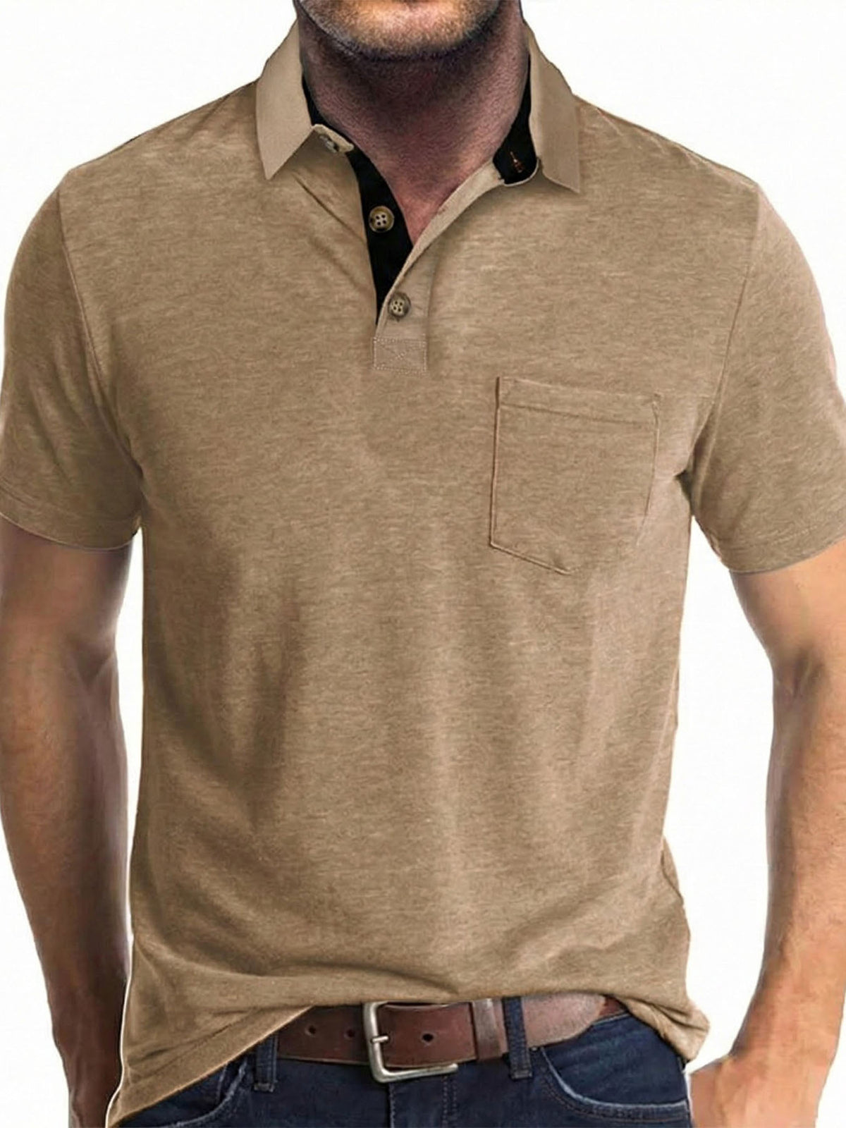 AZUKI Men's Short Sleeve Pocket Polo Shirt - Khaki