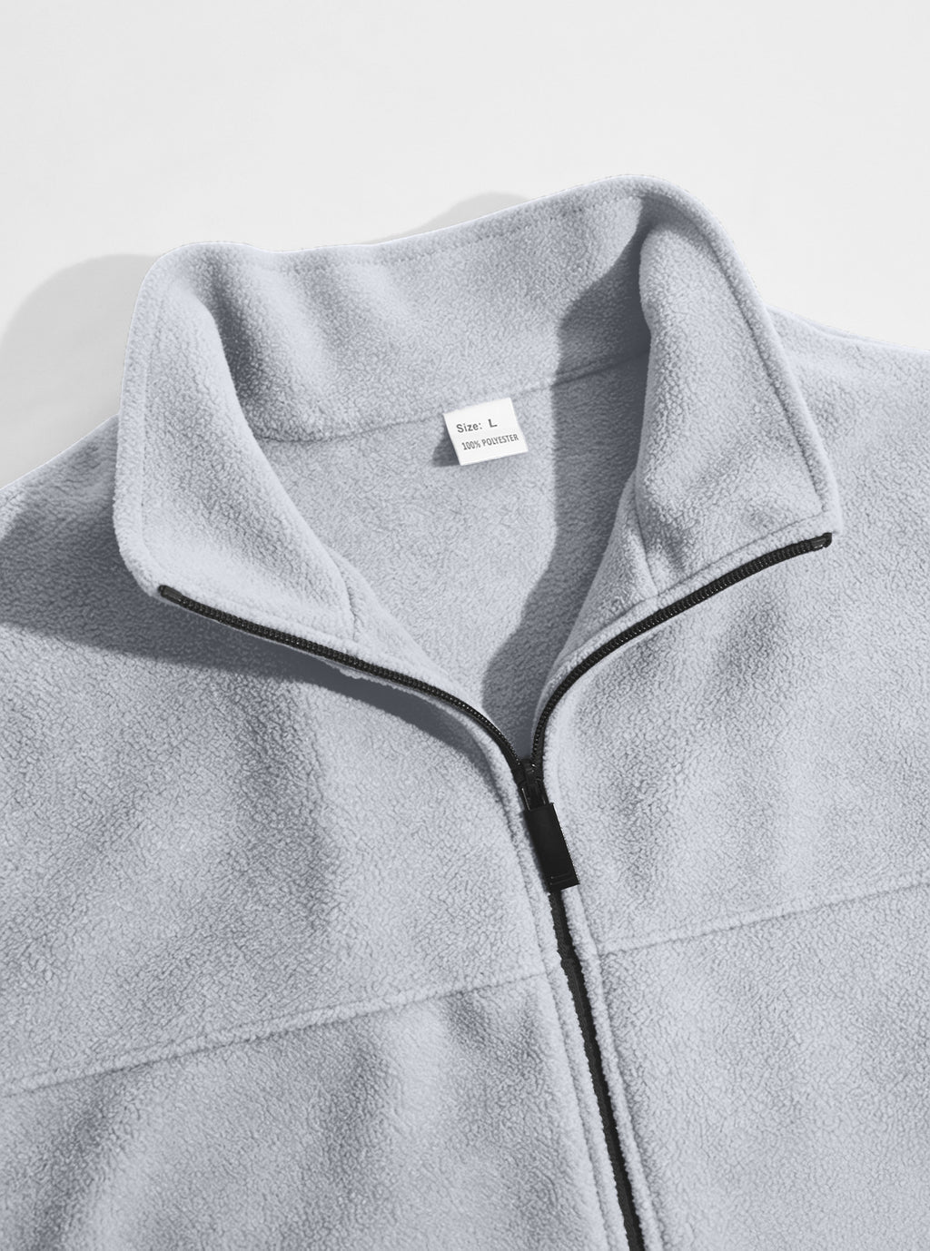 Light gray fleece jacket stand collar, chest seam and front zipper detail