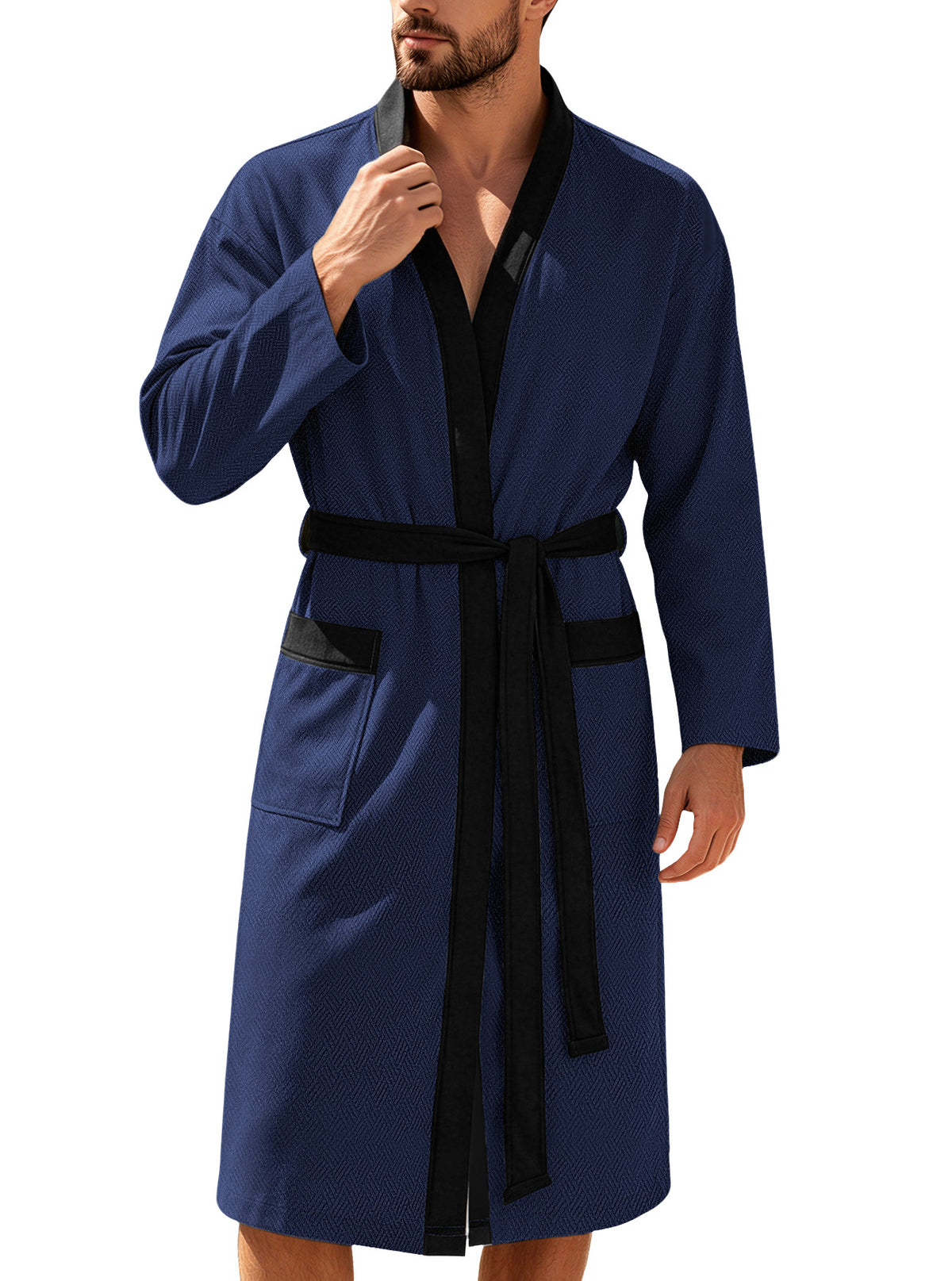 AZUKI navy blue bathrobe front view with black trim and tie belt