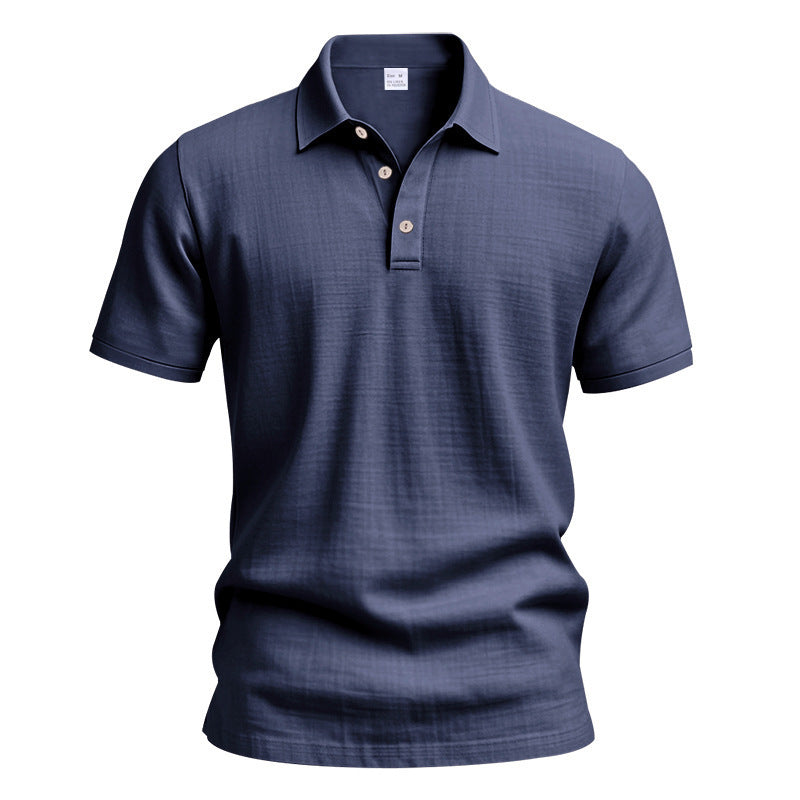 AZUKI navy blue linen-blend short sleeve polo, product front view