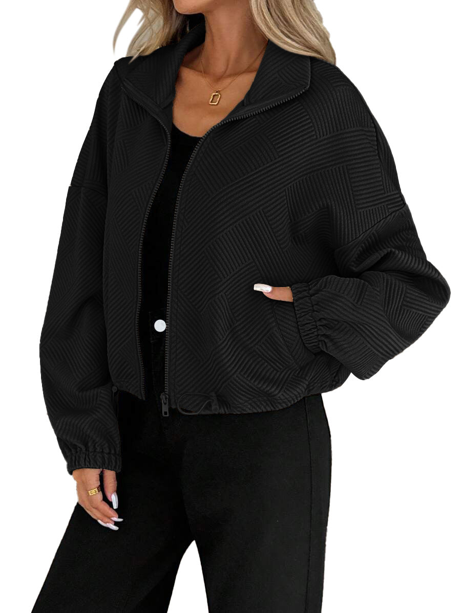 AZUKI Women's Textured Stand-Collar Zip Jacket with Drawstring Hem - Black product photo