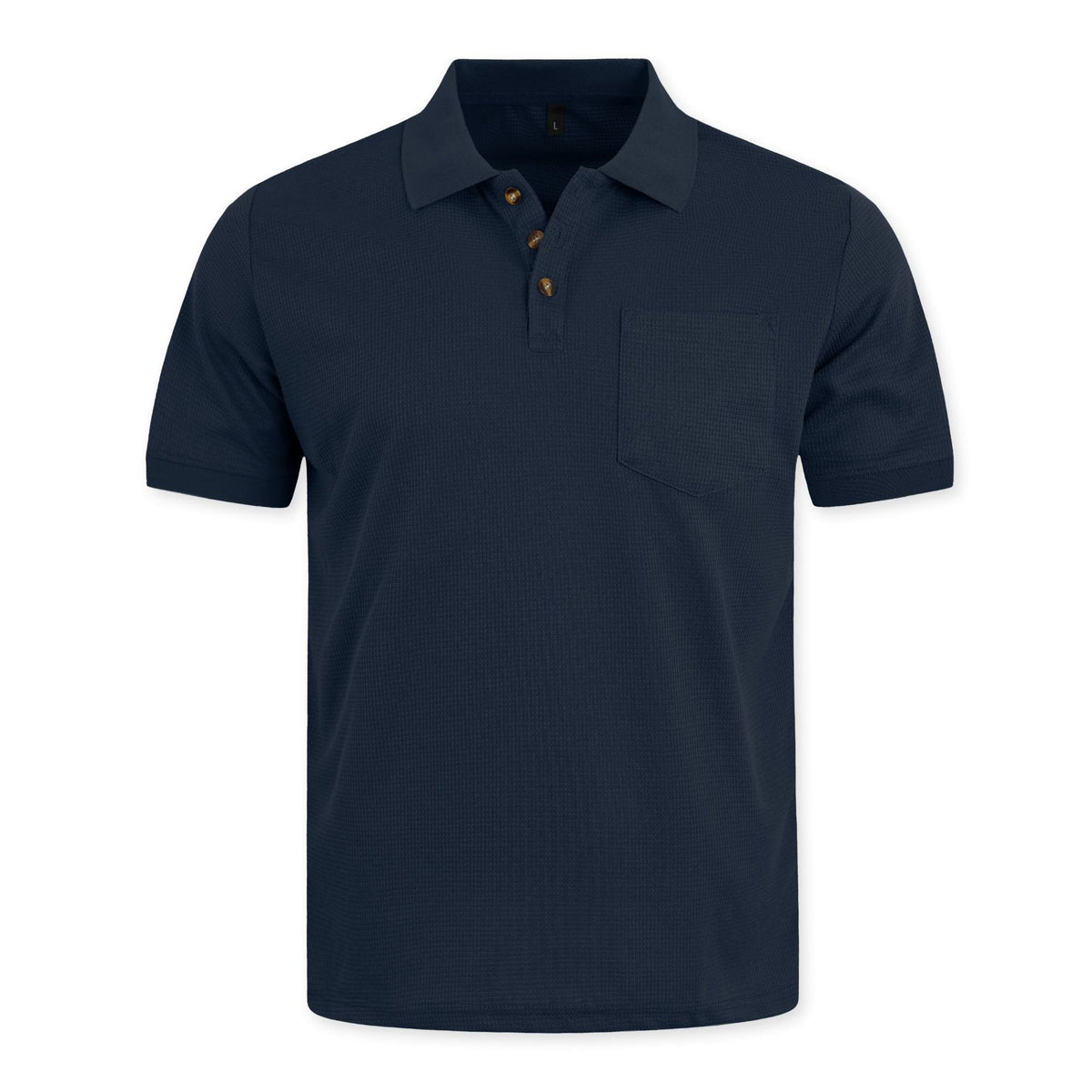 Navy waffle pocket polo, original front product photo