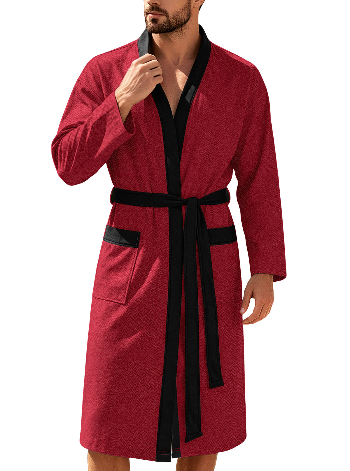 AZUKI red bathrobe front view with black trim and tie belt