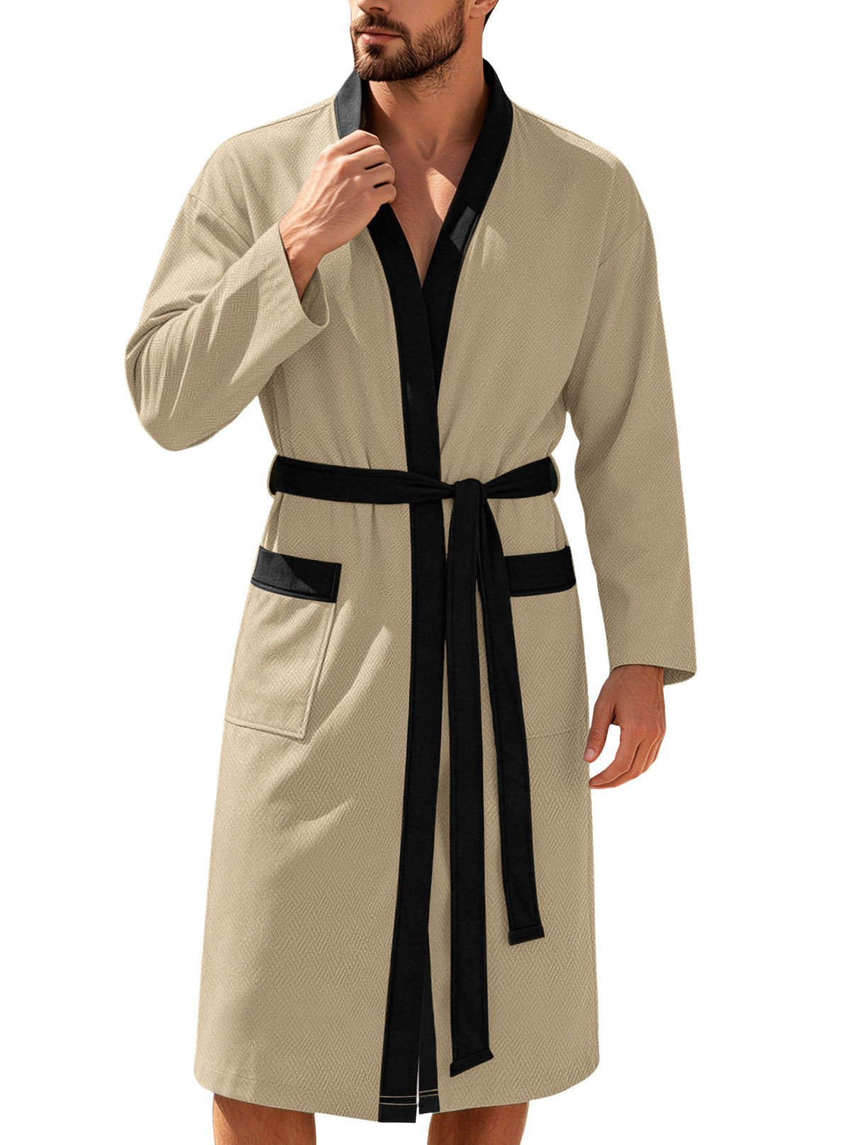 AZUKI khaki bathrobe front view with black trim and tie belt