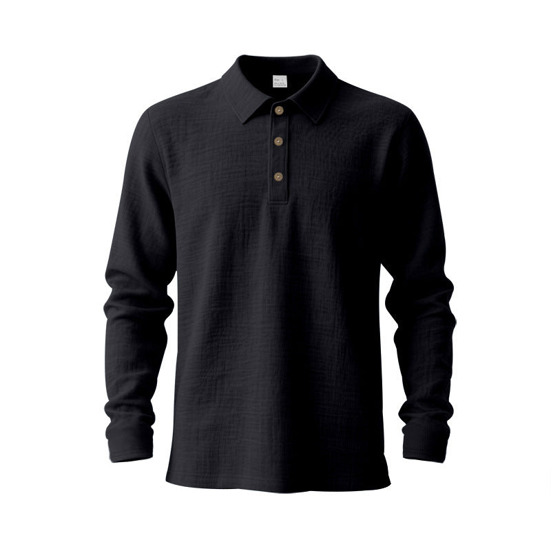 Black linen-blend long-sleeve polo shirt product view