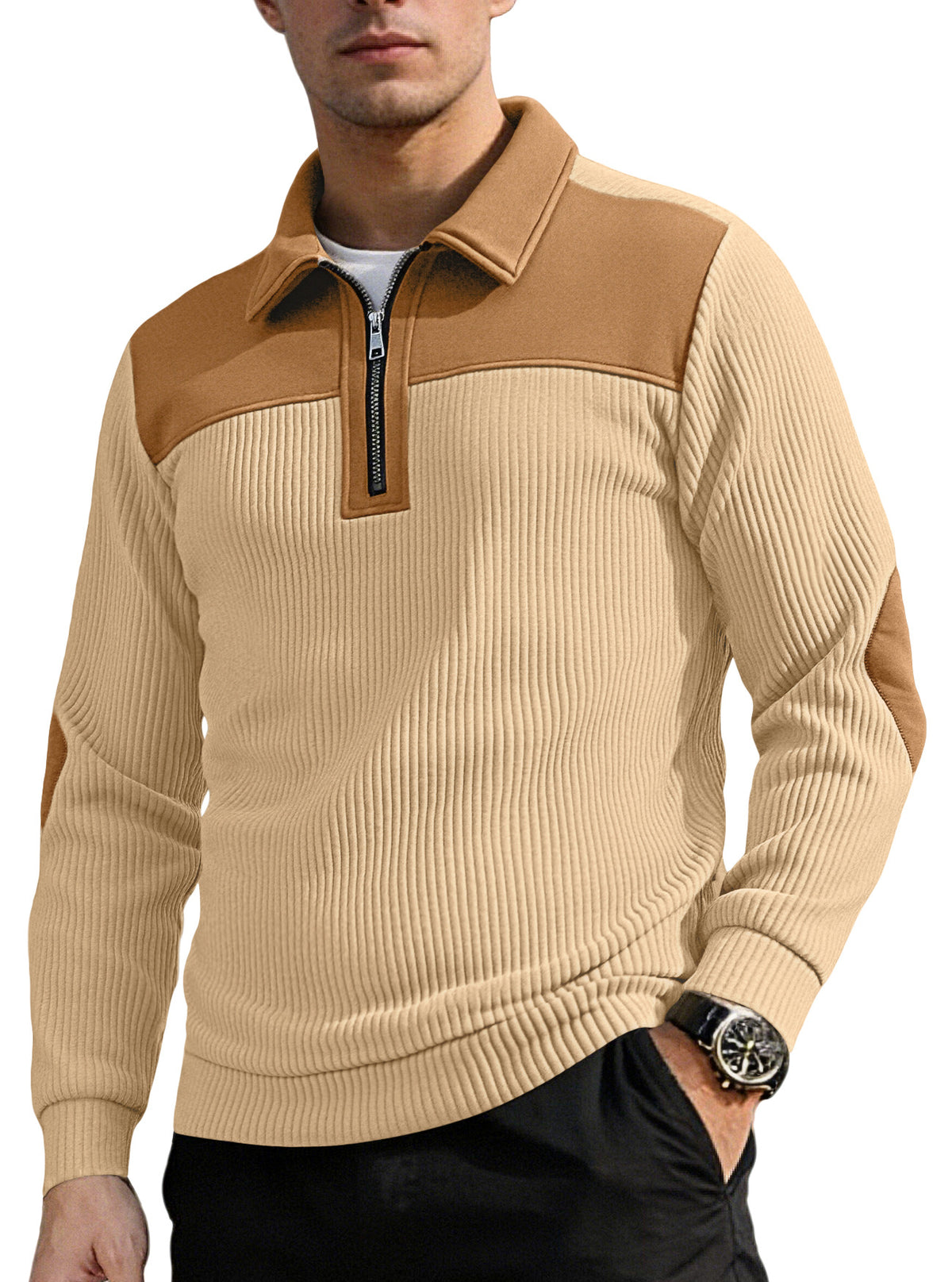 AZUKI men's beige and tan quarter-zip knit pullover, front view