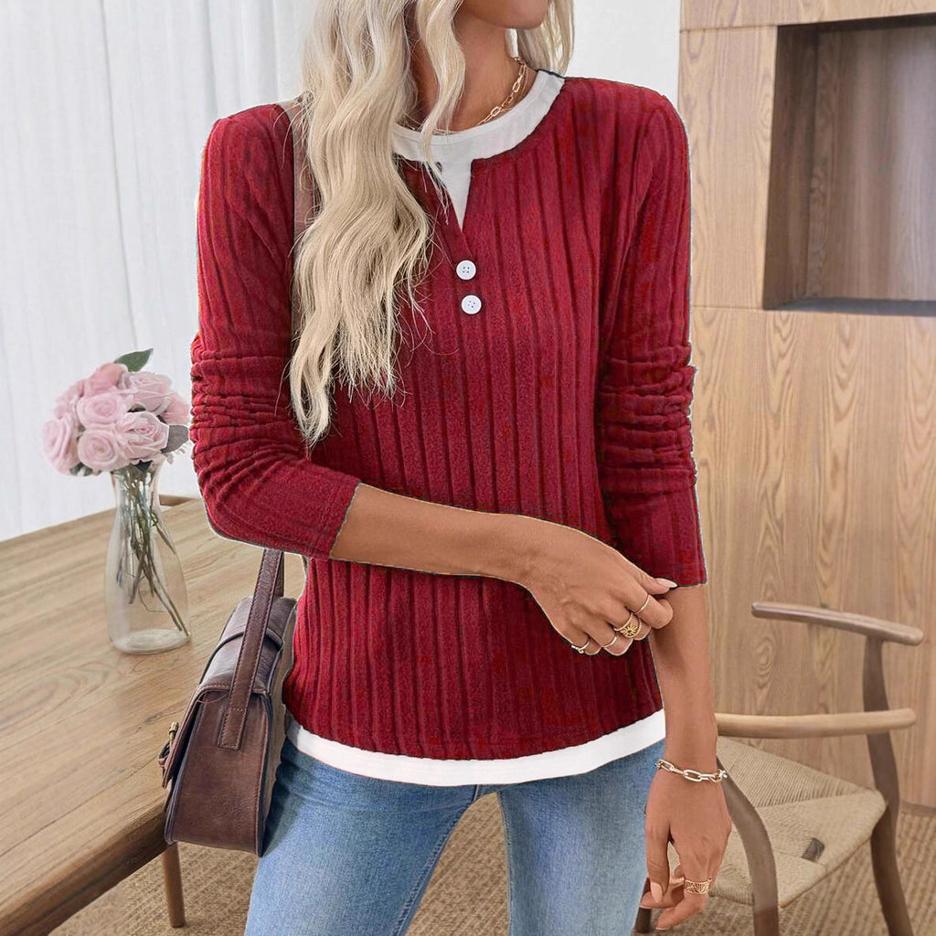AZUKI Women's Ribbed Layered-Look Long-Sleeve Button Top product photo
