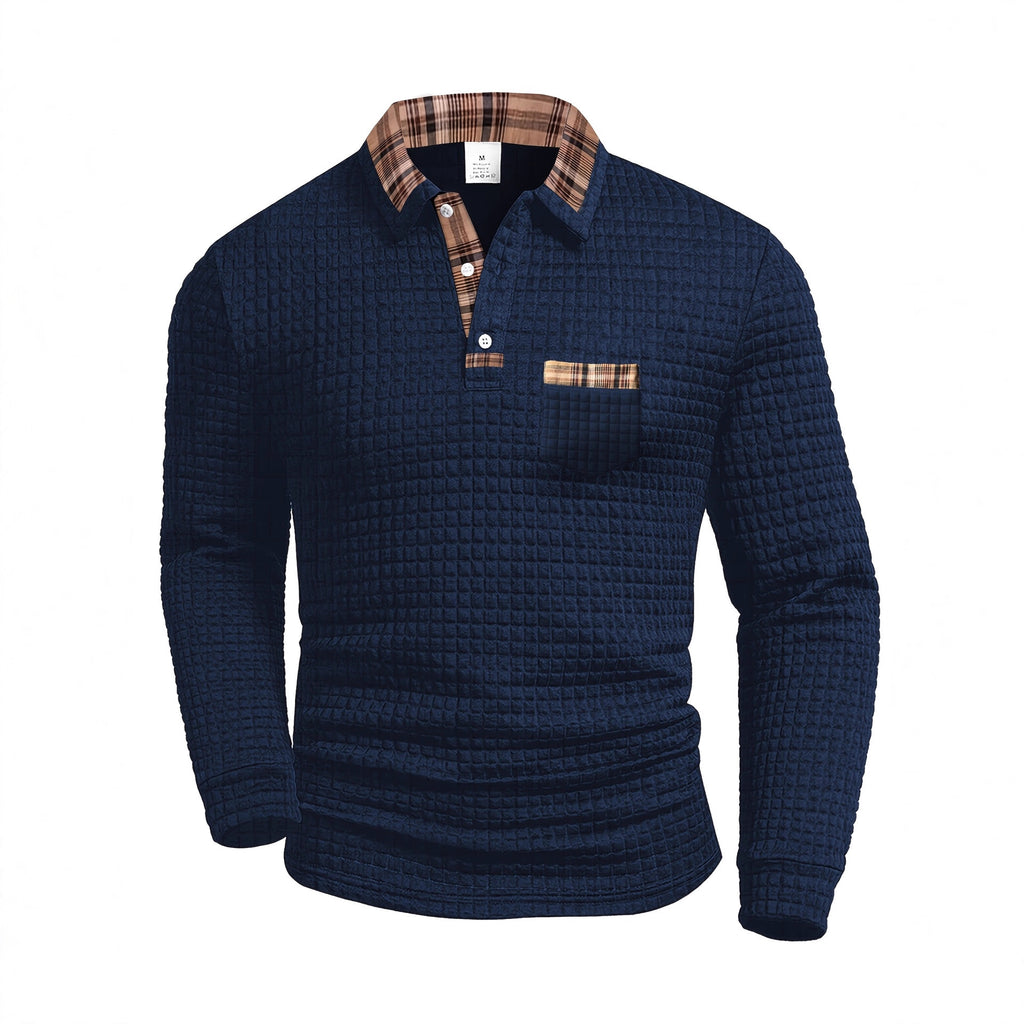 AZUKI Men's Waffle-Textured Plaid-Trim Long-Sleeve Polo product photo