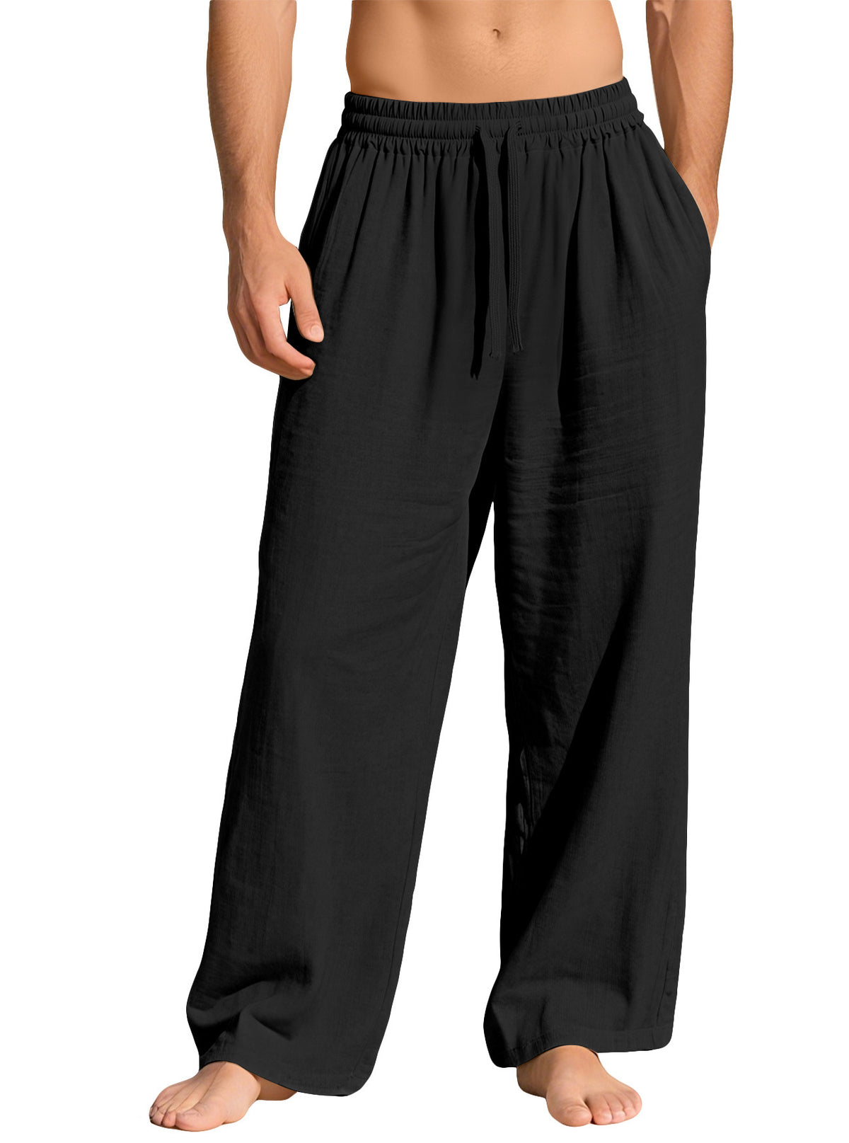Black linen-blend relaxed straight-leg drawstring pants, front garment view