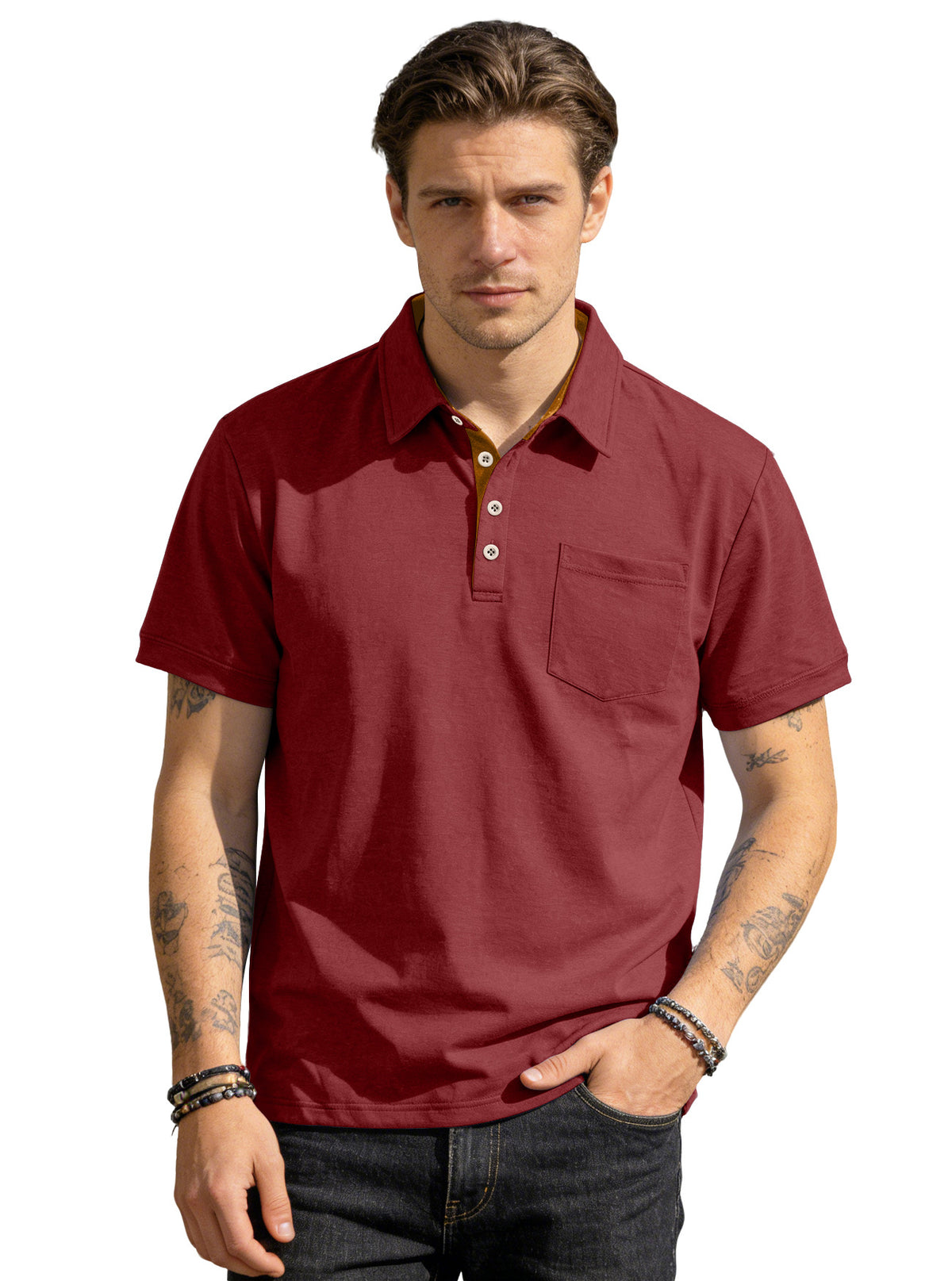 AZUKI Men's Cotton-Blend Short-Sleeve Pocket Polo - Burgundy product photo