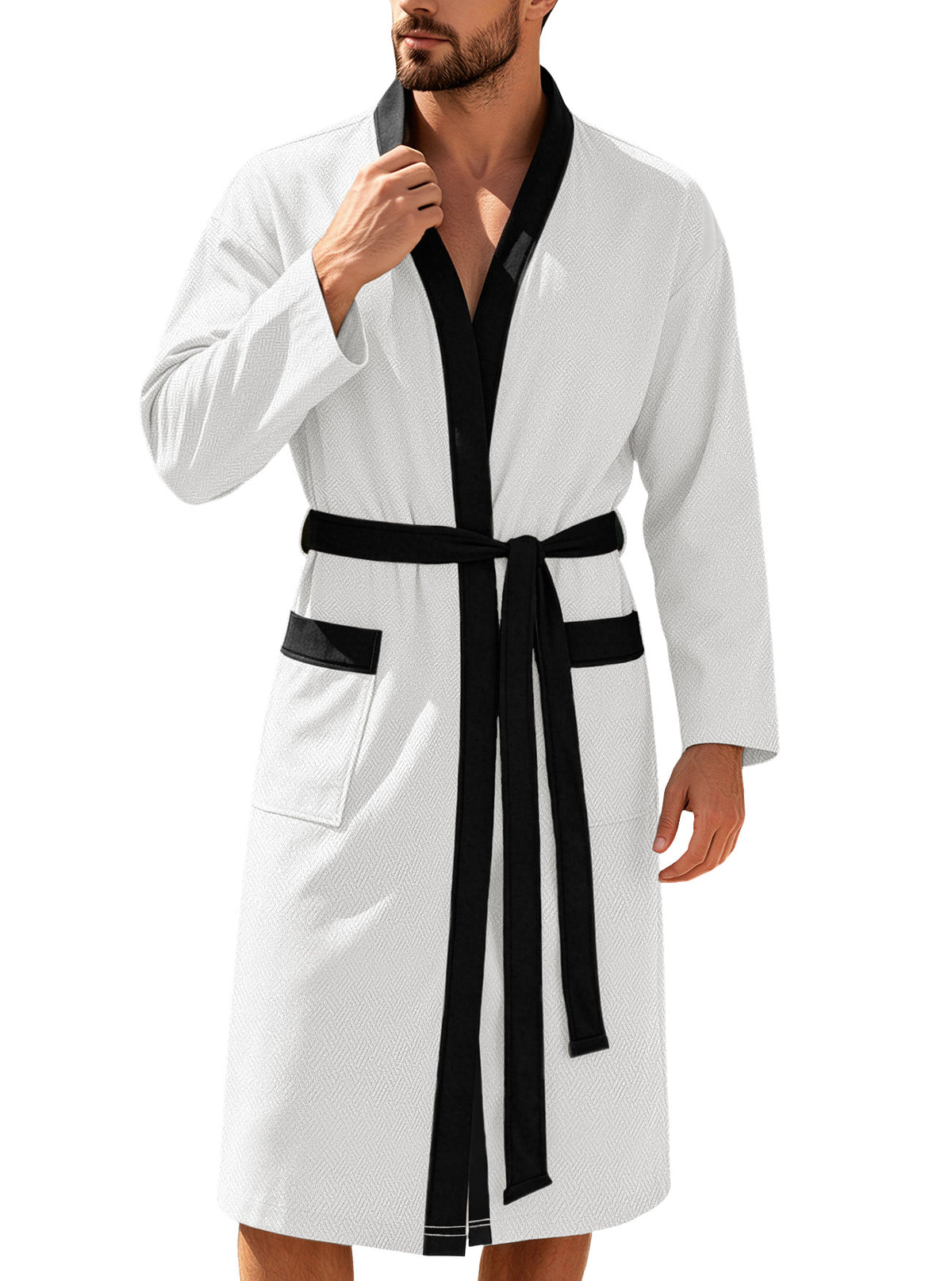 AZUKI white bathrobe front view with black trim and tie belt