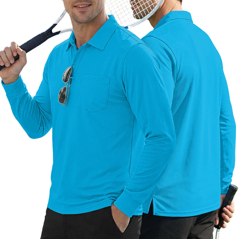 AZUKI long-sleeve birdseye pocket polo - Turquoise front and back