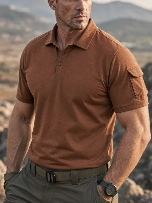 Brown short-sleeve polo on a male model, showing the button placket and upper-sleeve flap detail