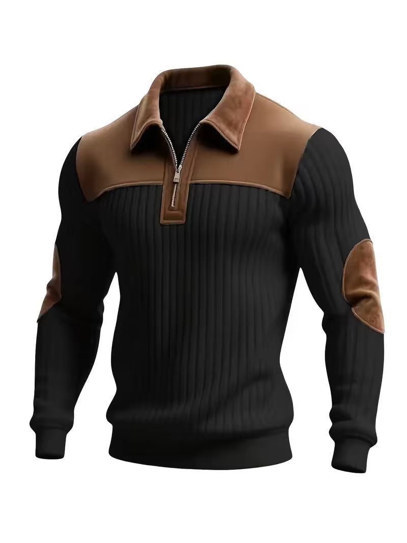AZUKI Men's Color-Block Ribbed Long-Sleeve Half-Zip Polo - Black product photo