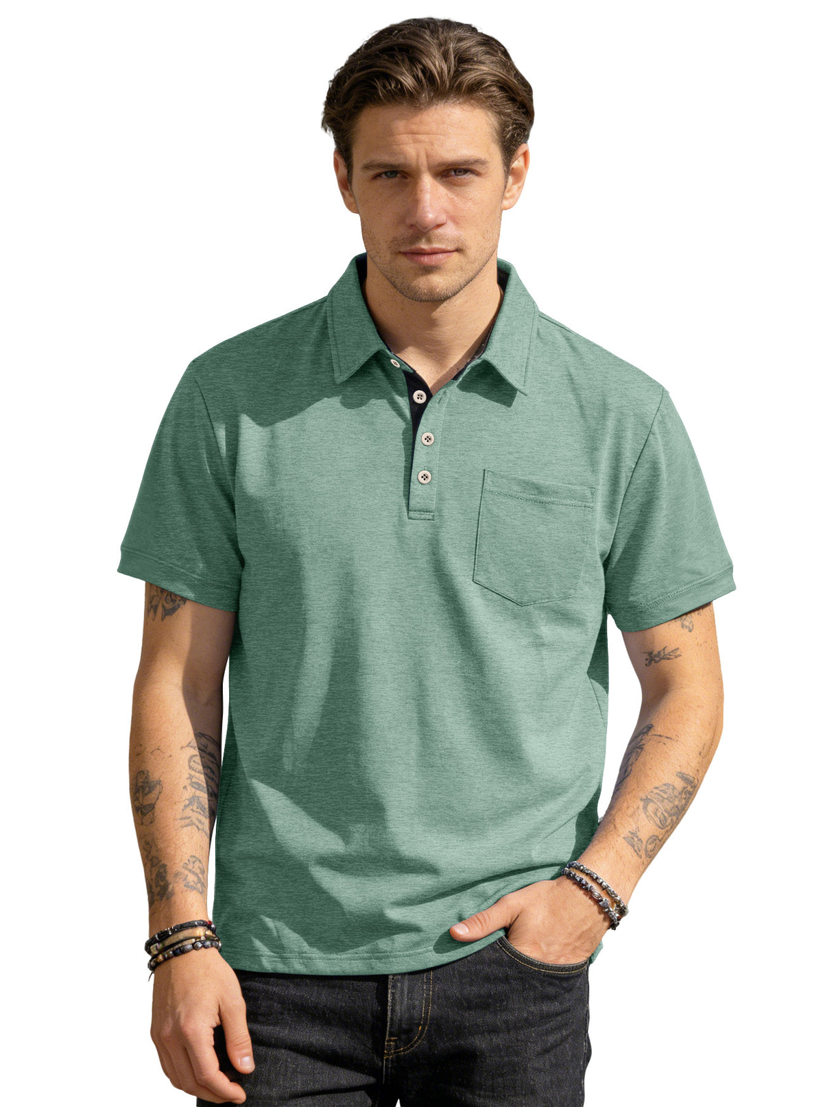 AZUKI Men's Cotton-Blend Short-Sleeve Pocket Polo - Heather Dark Green product photo