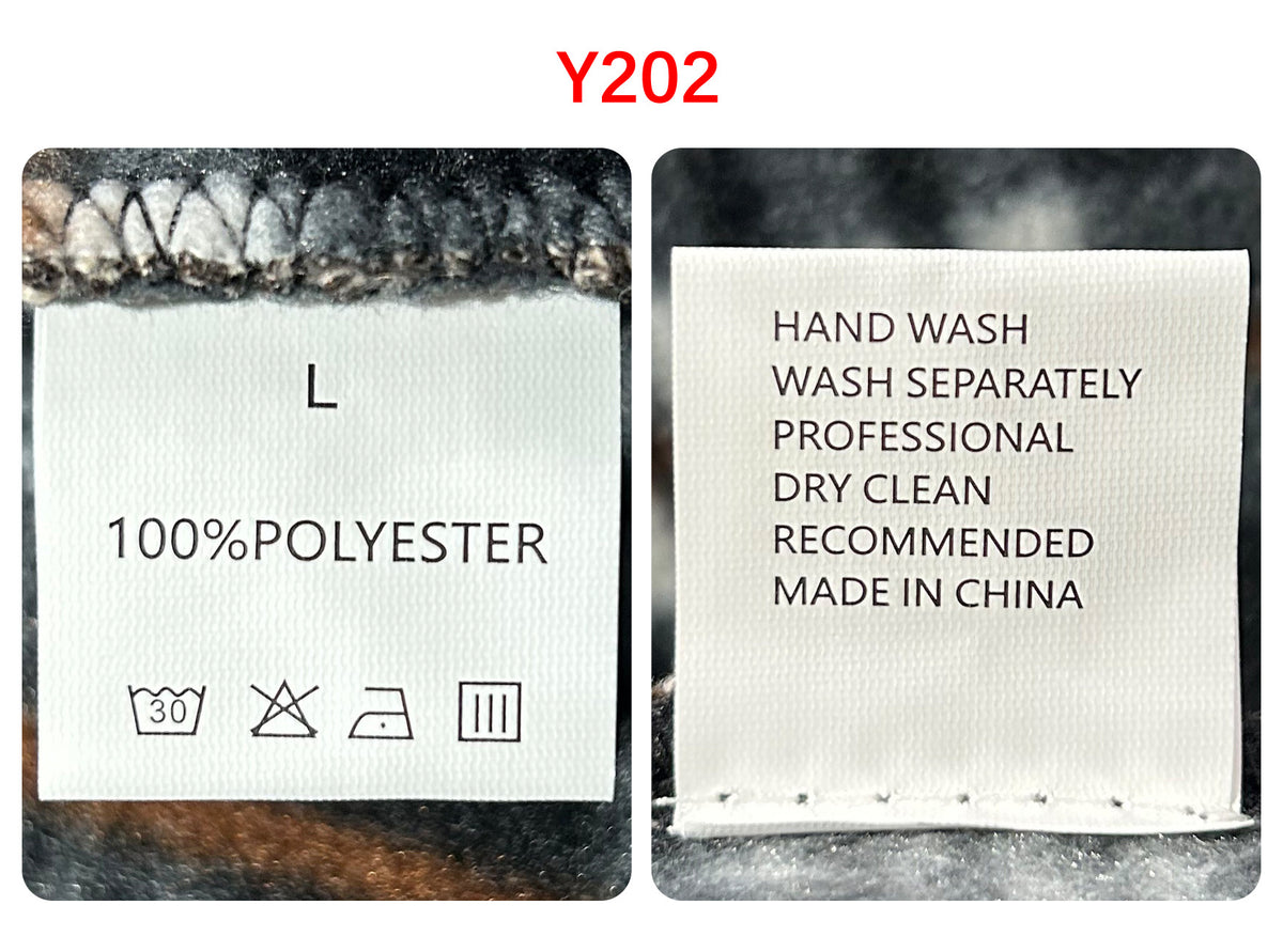 Garment label confirming 100 percent polyester and hand-wash care instructions