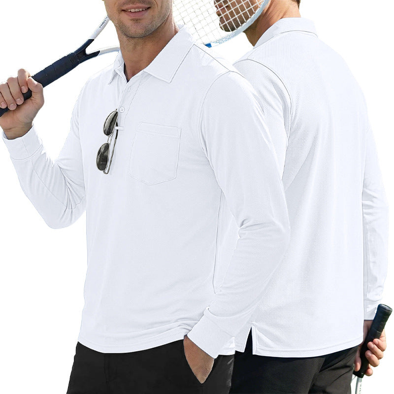 AZUKI long-sleeve birdseye pocket polo - White front and back