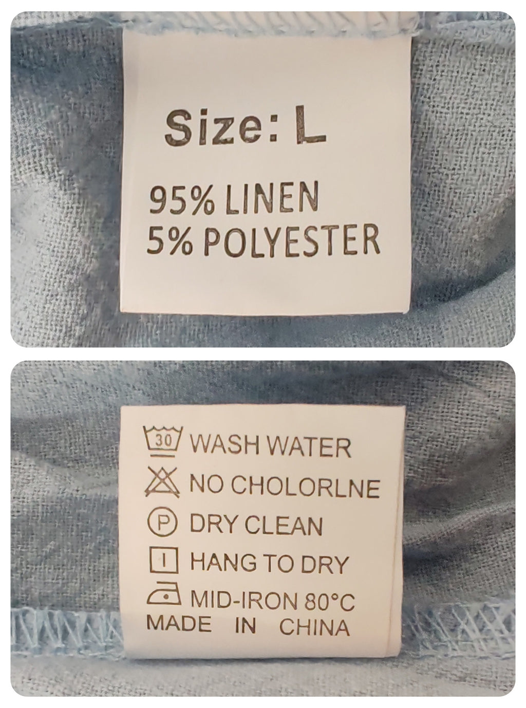 Actual garment label stating 95% linen and 5% polyester with care instructions