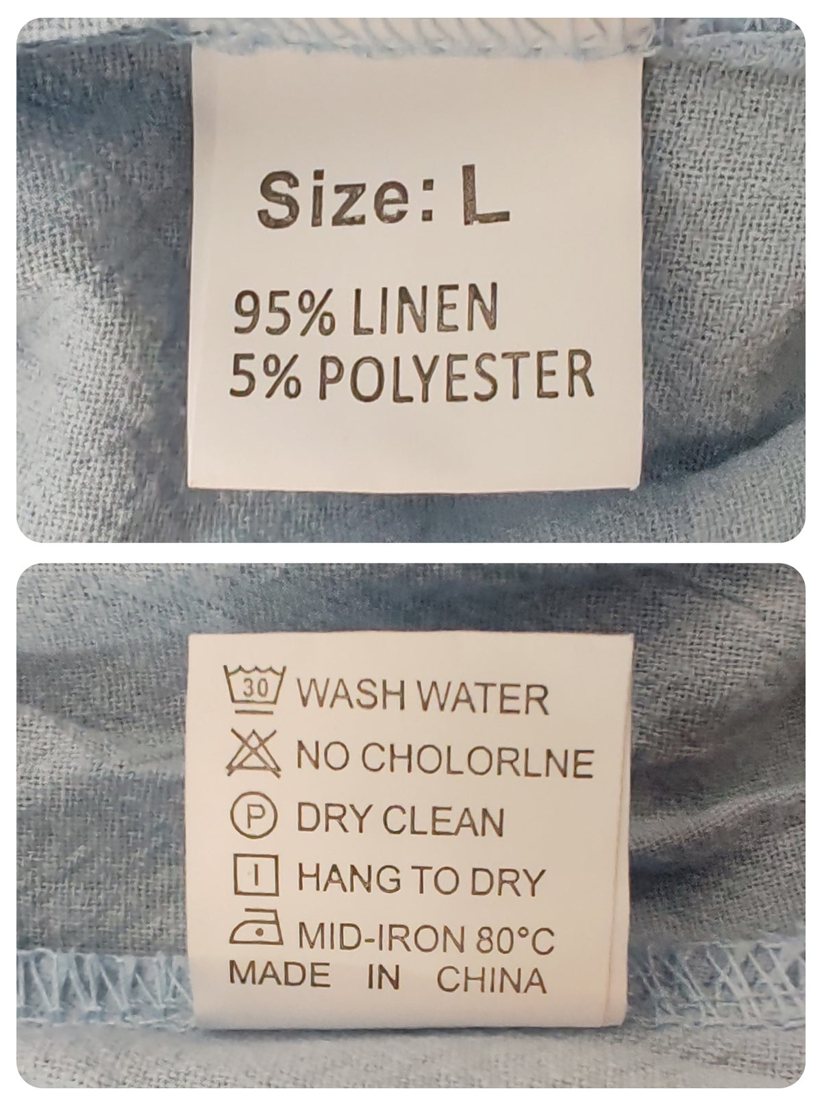 Actual garment label stating 95% linen and 5% polyester with care instructions