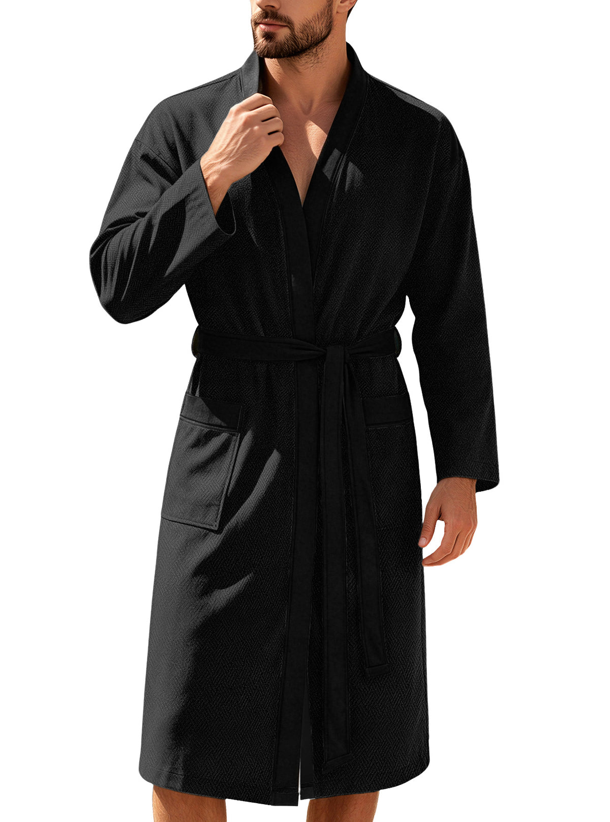 AZUKI black bathrobe front view with tie belt and two pockets