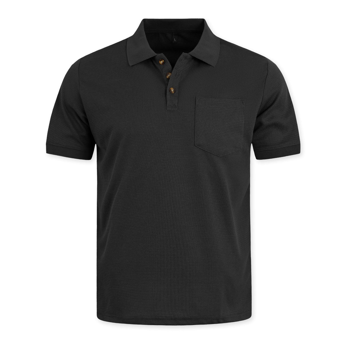 Black waffle pocket polo, original front product photo