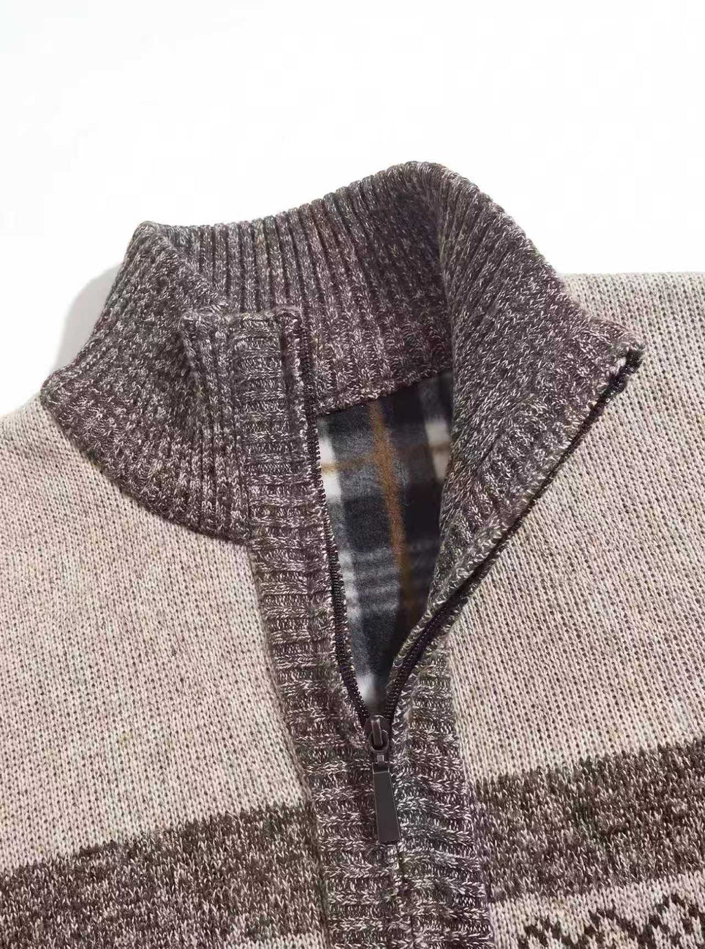 Actual Brown cardigan collar, zipper and plaid fleece lining