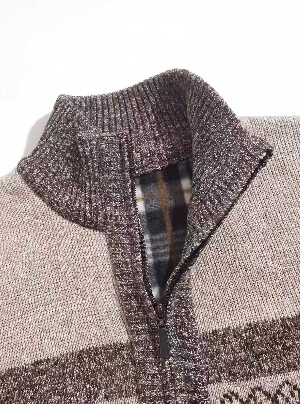 Actual Brown cardigan collar, zipper and plaid fleece lining