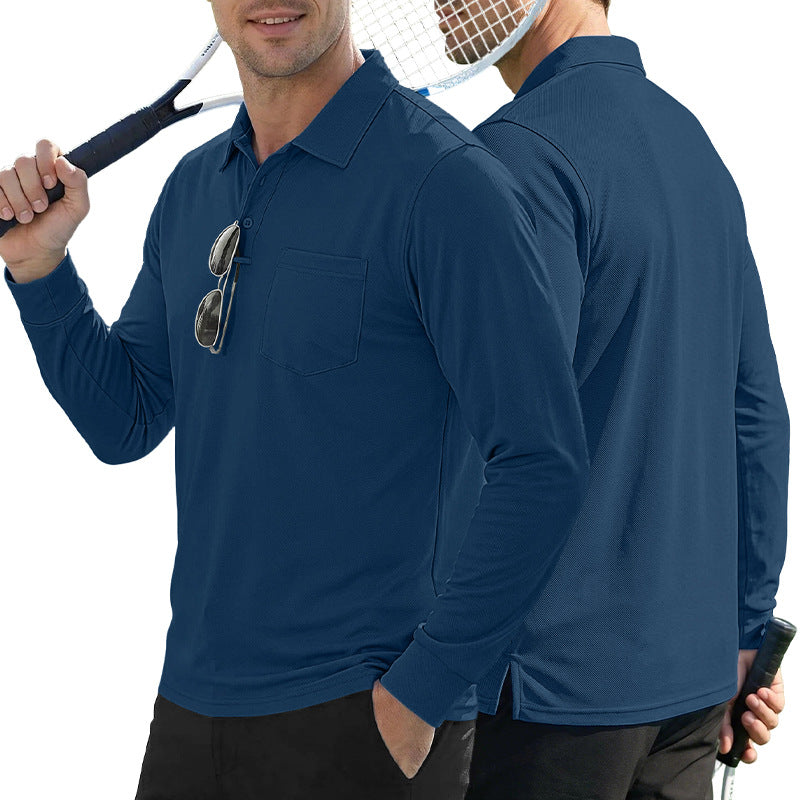 AZUKI long-sleeve birdseye pocket polo - Navy Blue front and back