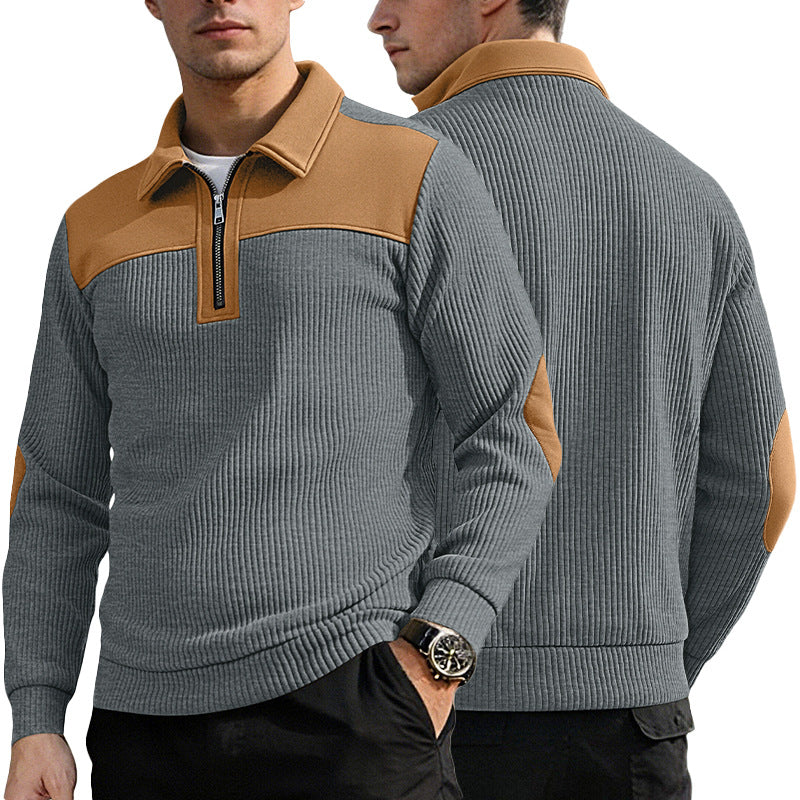AZUKI men's gray and tan quarter-zip knit pullover, front and back views