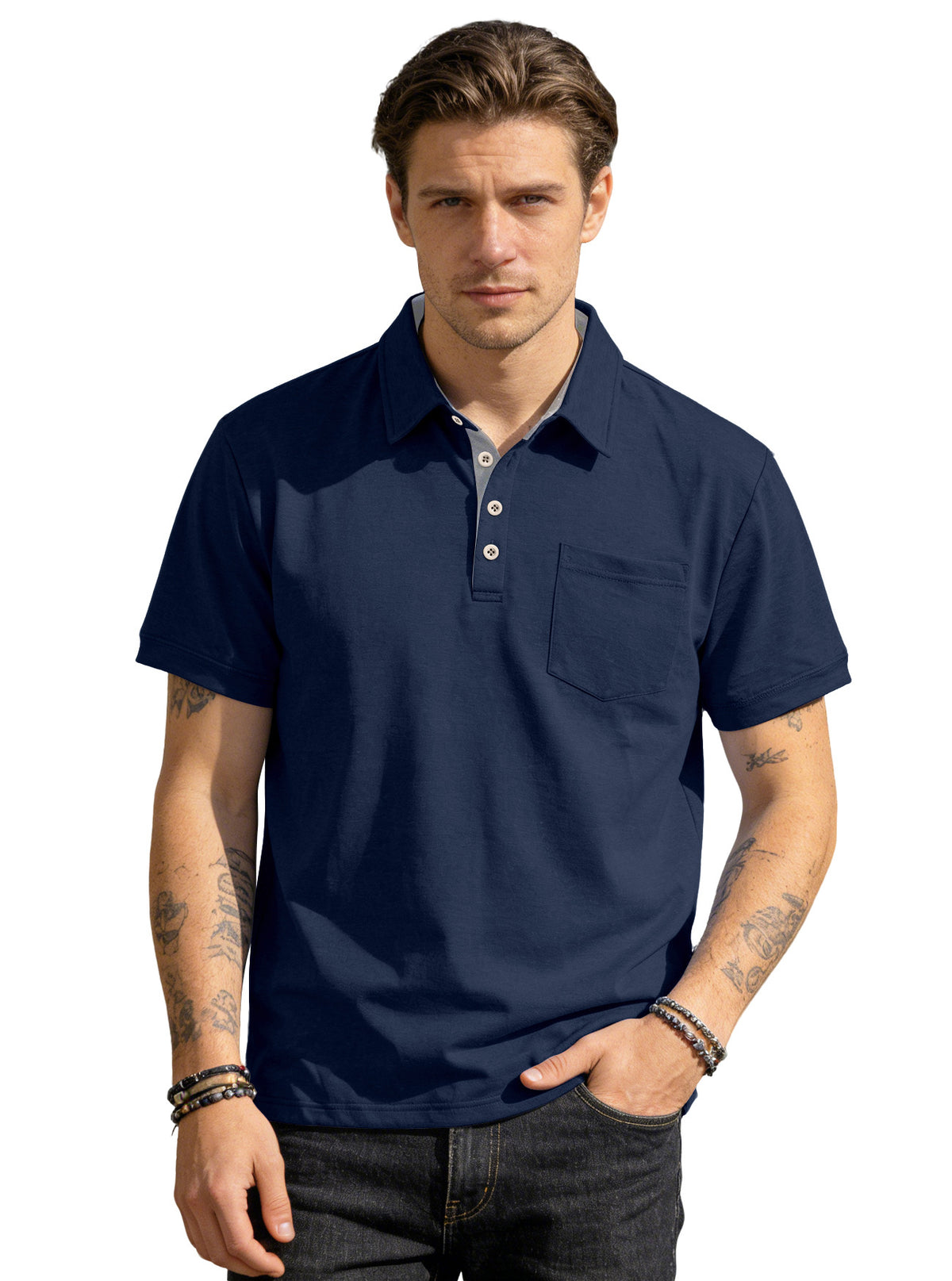 AZUKI Men's Cotton-Blend Short-Sleeve Pocket Polo - Navy product photo